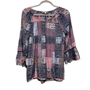 Gardencore Patchwork Bell Sleeve Blouse Babydoll Floral‎ Boho Peasant Cowgirl